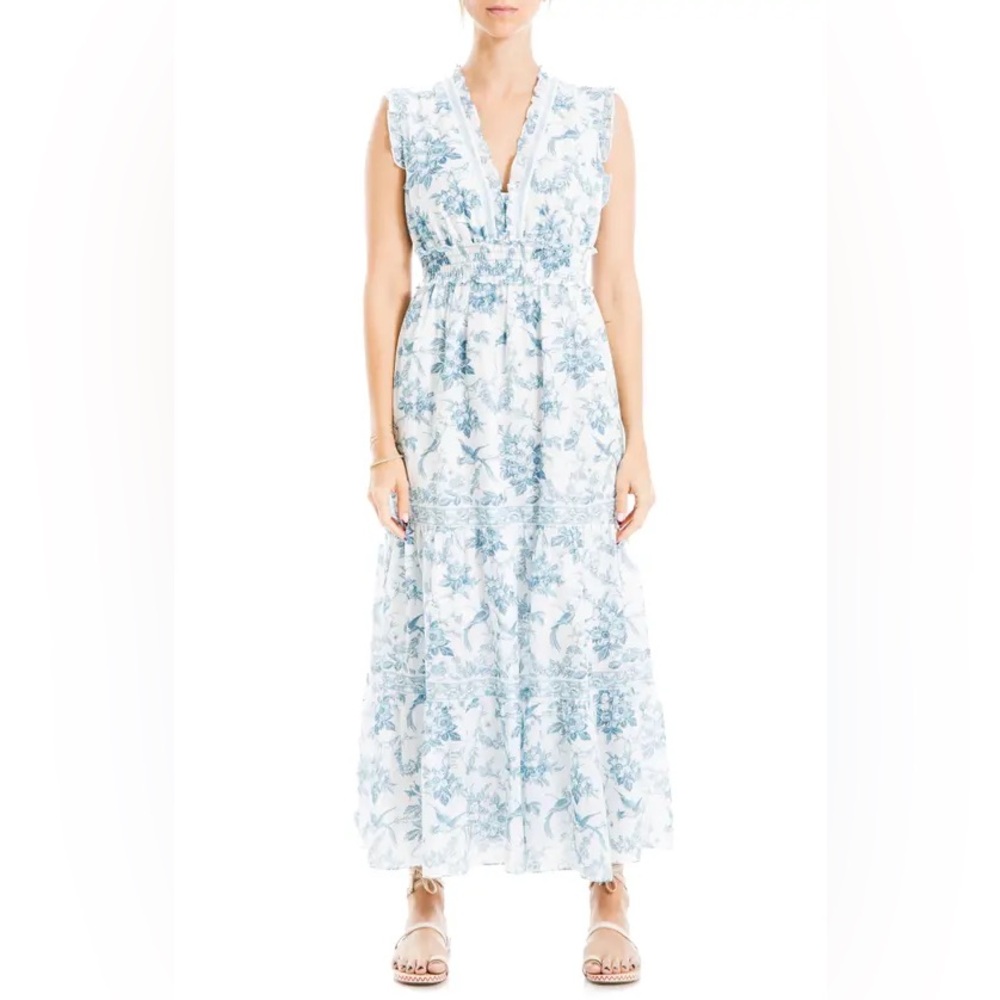 Max Studio White Maxi Dress with Light Blue Floral Print